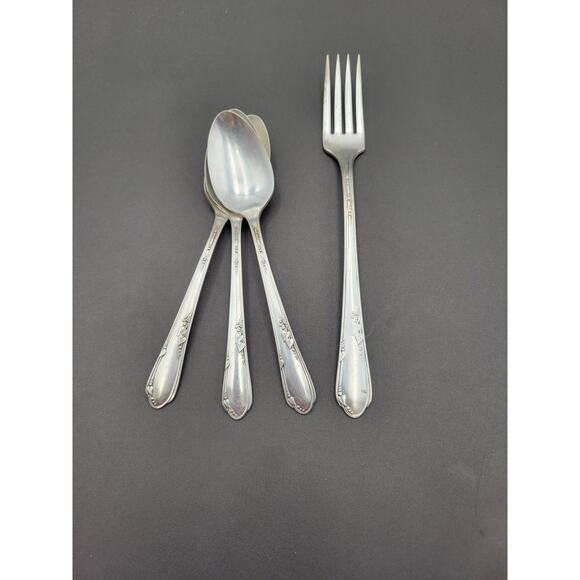 VTG 1936 WMA Rogers Oneida Set 4 Meadowbrook Heather Pattern Spoons & Fork - Picture 4 of 4